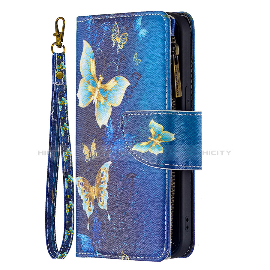 Funda de Cuero Cartera con Soporte Mariposa Carcasa L04 para Apple iPhone 14 Azul