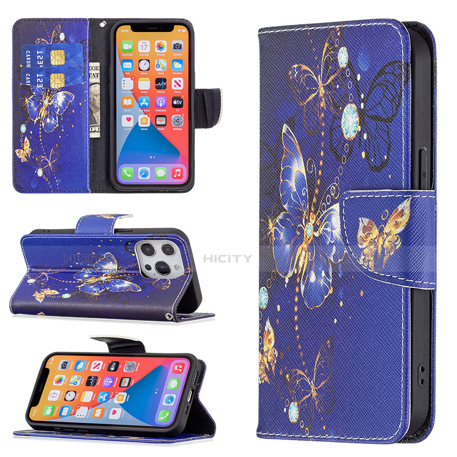 Funda de Cuero Cartera con Soporte Mariposa Carcasa L07 para Apple iPhone 13 Pro Azul Real