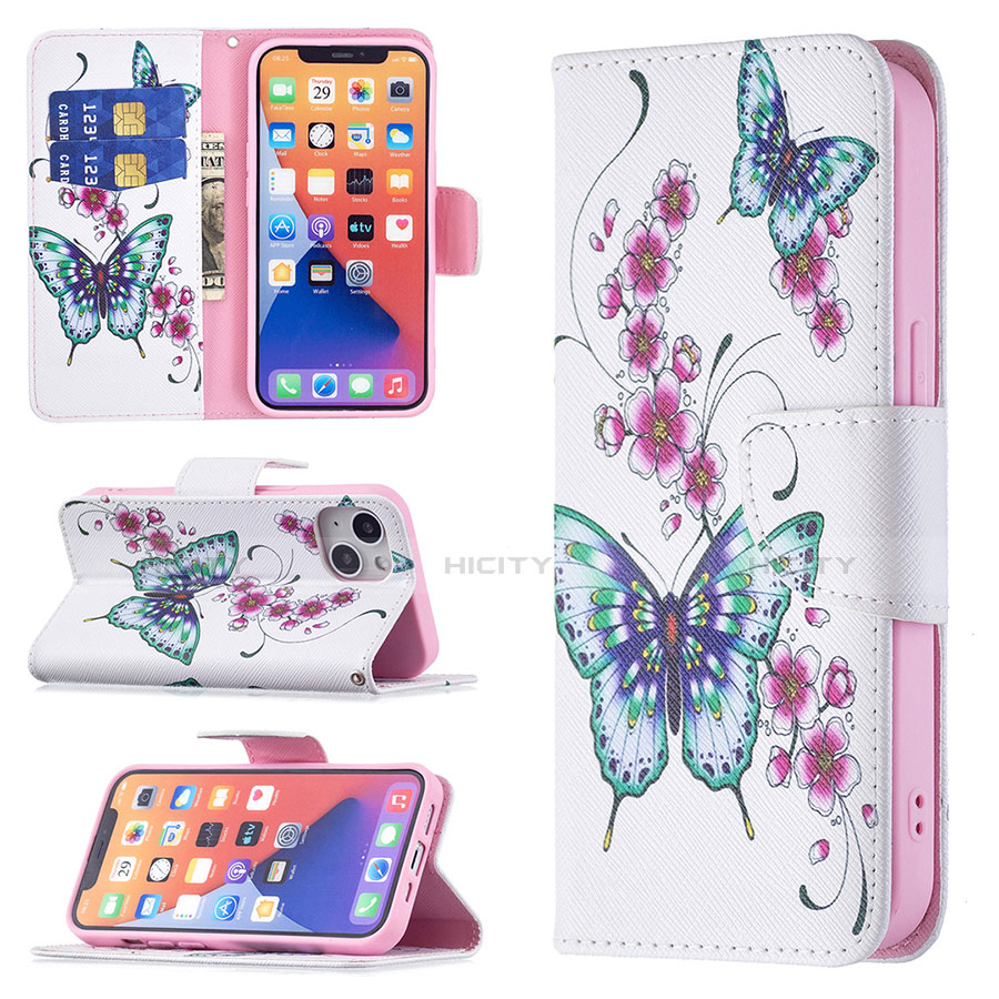 Funda de Cuero Cartera con Soporte Mariposa Carcasa L07 para Apple iPhone 14 Plus Blanco