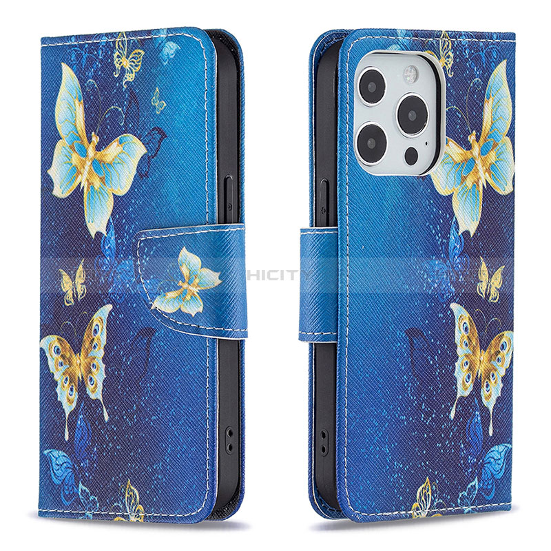 Funda de Cuero Cartera con Soporte Mariposa Carcasa L07 para Apple iPhone 14 Pro Azul