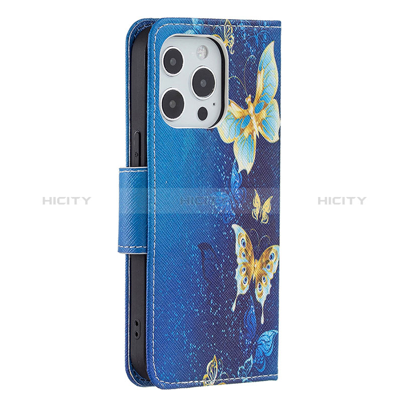 Funda de Cuero Cartera con Soporte Mariposa Carcasa L07 para Apple iPhone 14 Pro Azul