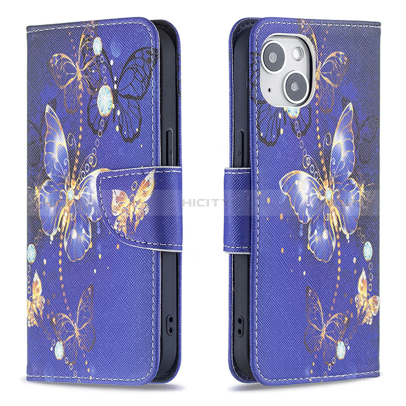 Funda de Cuero Cartera con Soporte Mariposa Carcasa L07 para Apple iPhone 15 Plus Azul Real