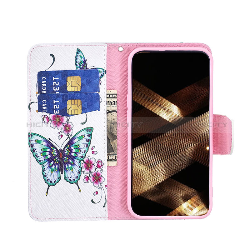 Funda de Cuero Cartera con Soporte Mariposa Carcasa L07 para Apple iPhone 15 Plus Blanco