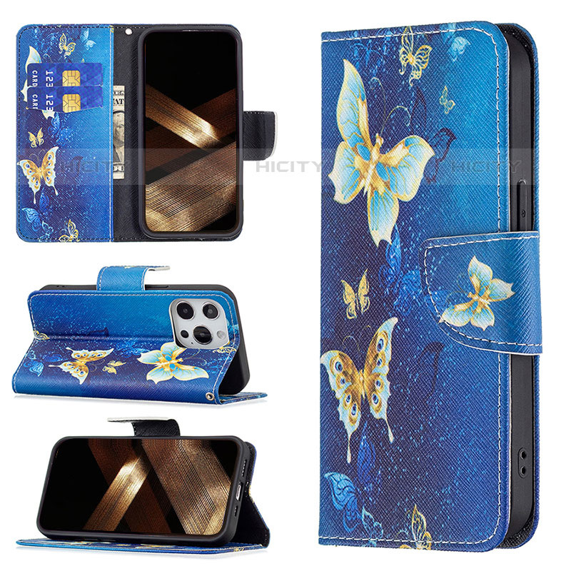 Funda de Cuero Cartera con Soporte Mariposa Carcasa L07 para Apple iPhone 15 Pro Azul