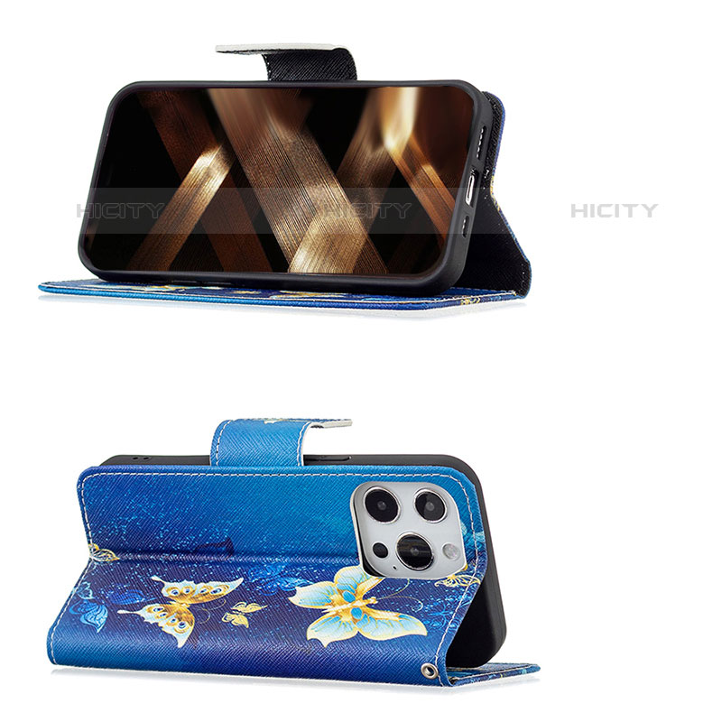 Funda de Cuero Cartera con Soporte Mariposa Carcasa L07 para Apple iPhone 15 Pro Azul