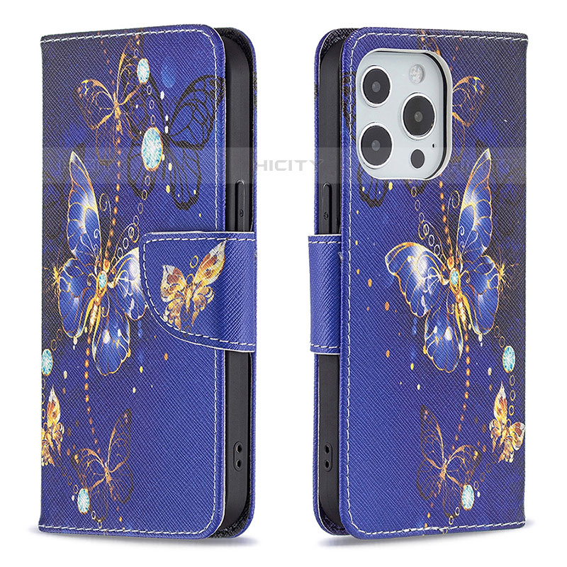 Funda de Cuero Cartera con Soporte Mariposa Carcasa L07 para Apple iPhone 15 Pro Max Azul Real