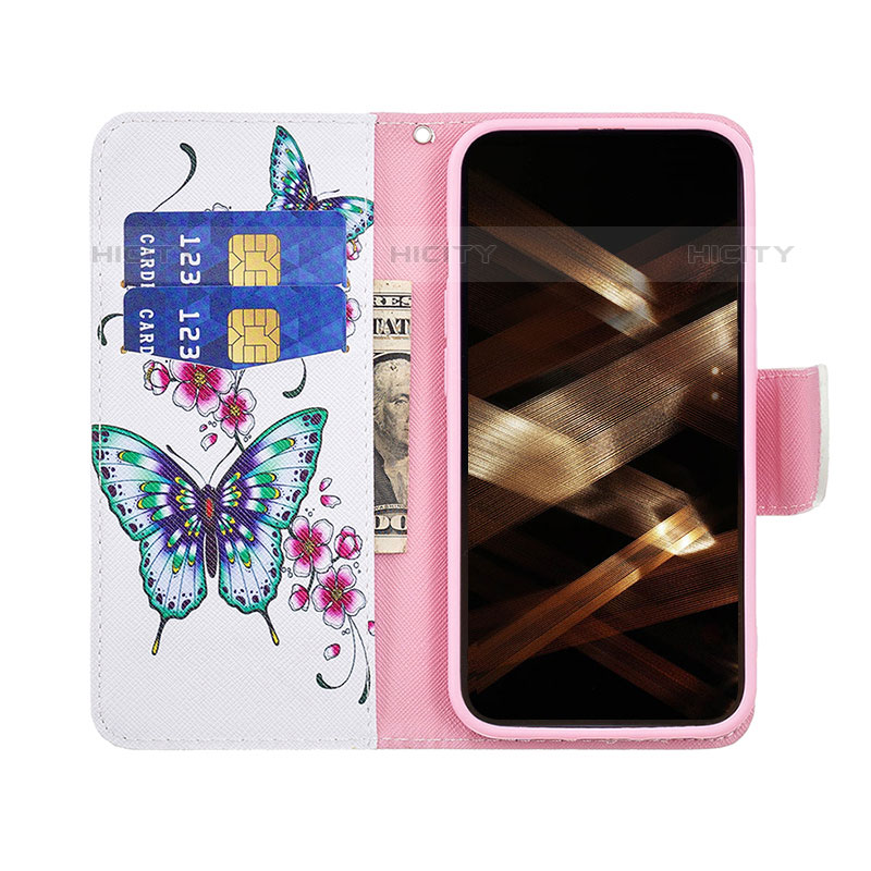 Funda de Cuero Cartera con Soporte Mariposa Carcasa L07 para Apple iPhone 15 Pro Max Rosa