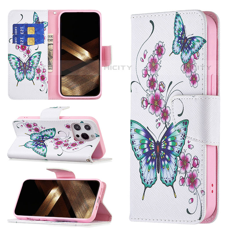 Funda de Cuero Cartera con Soporte Mariposa Carcasa L07 para Apple iPhone 15 Pro Rosa