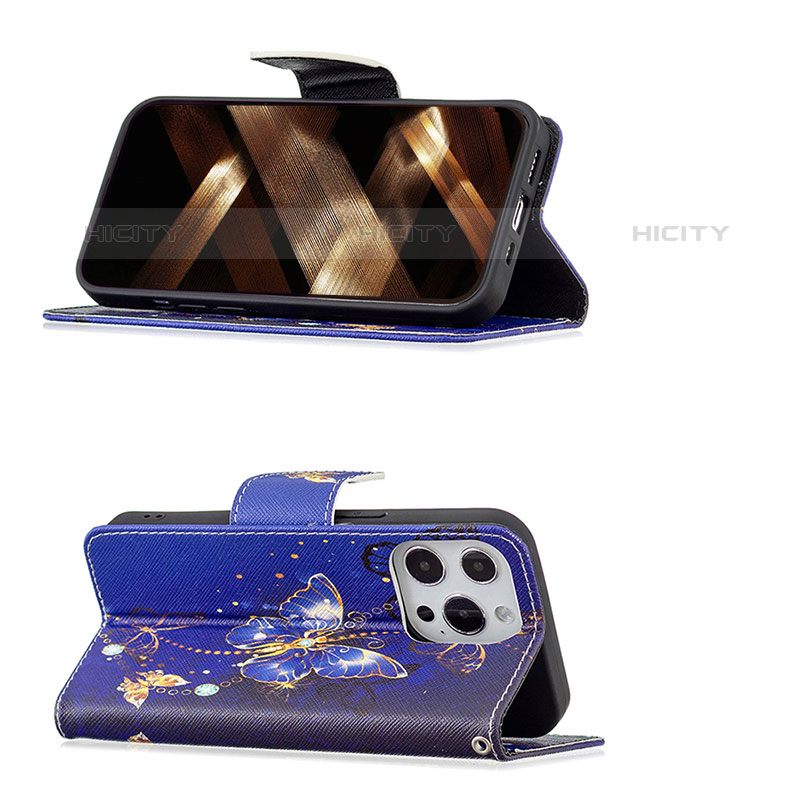 Funda de Cuero Cartera con Soporte Mariposa Carcasa L07 para Apple iPhone 16 Pro Azul Real