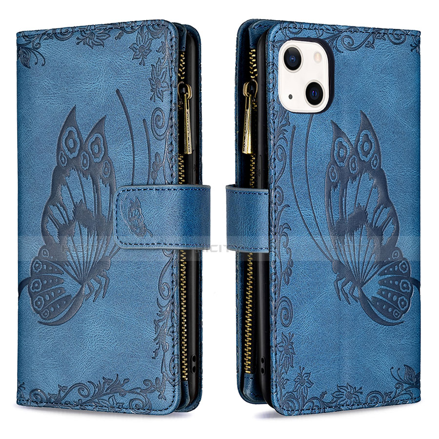 Funda de Cuero Cartera con Soporte Mariposa Carcasa L08 para Apple iPhone 13 Mini Azul