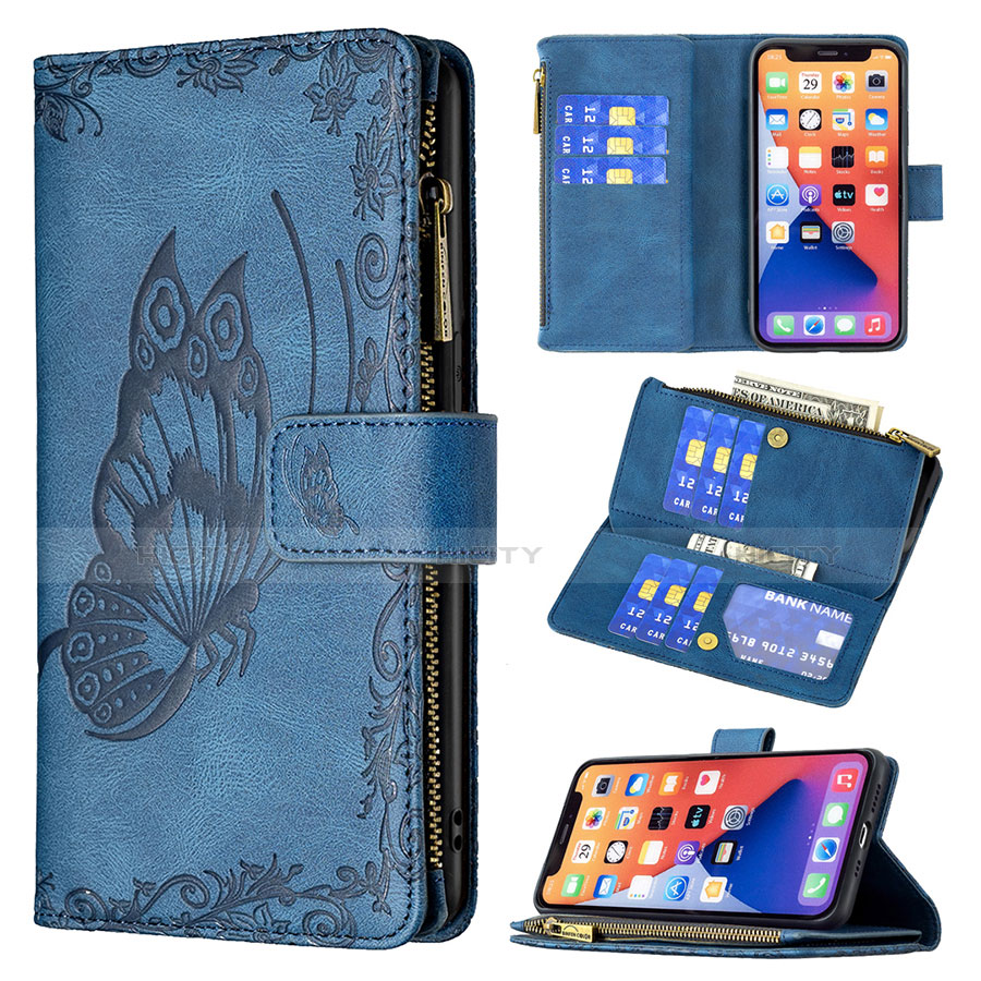 Funda de Cuero Cartera con Soporte Mariposa Carcasa L08 para Apple iPhone 13 Mini Azul