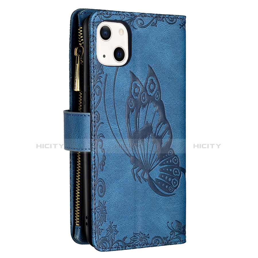 Funda de Cuero Cartera con Soporte Mariposa Carcasa L08 para Apple iPhone 13 Mini Azul