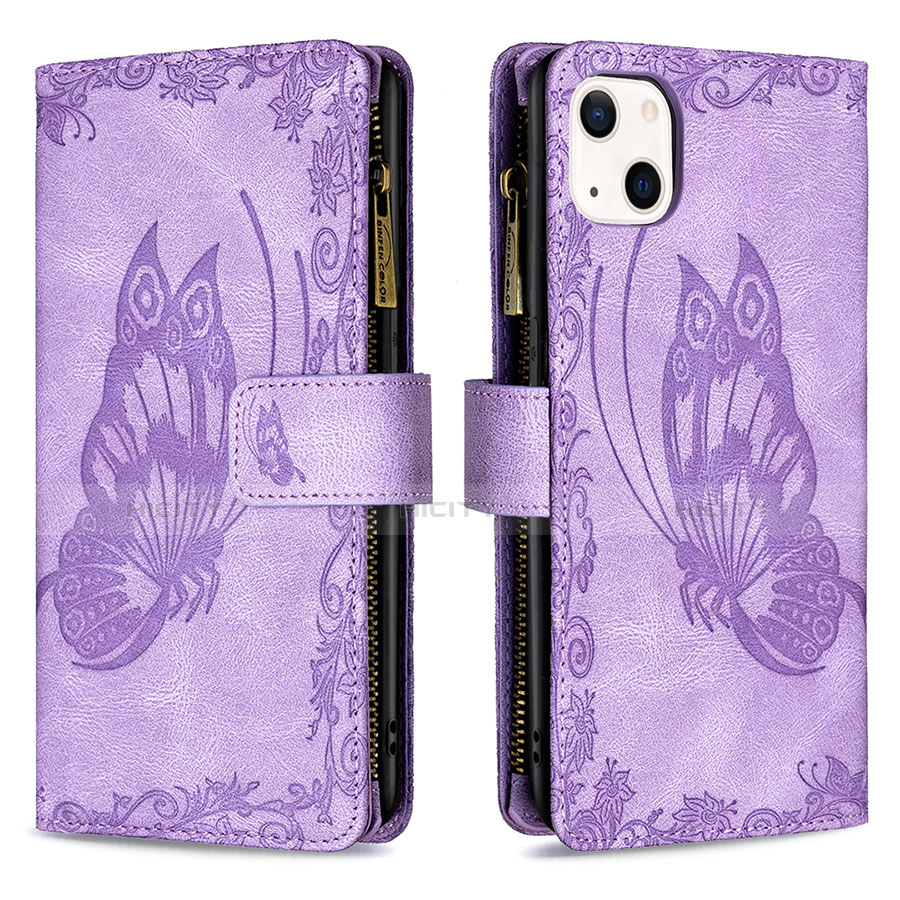 Funda de Cuero Cartera con Soporte Mariposa Carcasa L08 para Apple iPhone 13 Mini Morado