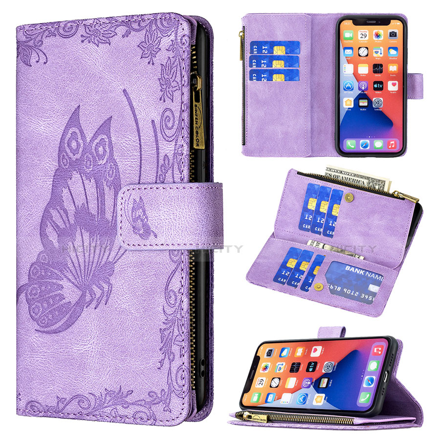 Funda de Cuero Cartera con Soporte Mariposa Carcasa L08 para Apple iPhone 13 Mini Morado