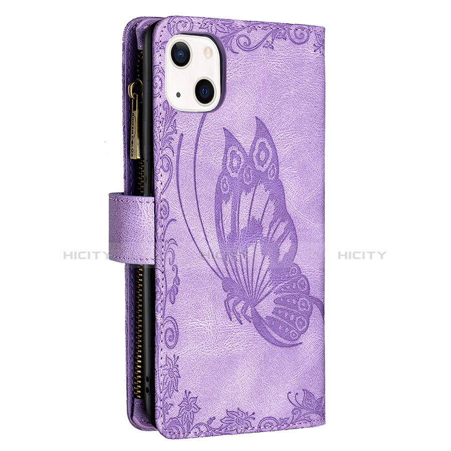 Funda de Cuero Cartera con Soporte Mariposa Carcasa L08 para Apple iPhone 13 Mini Morado