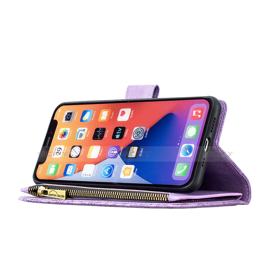 Funda de Cuero Cartera con Soporte Mariposa Carcasa L08 para Apple iPhone 13 Mini Morado