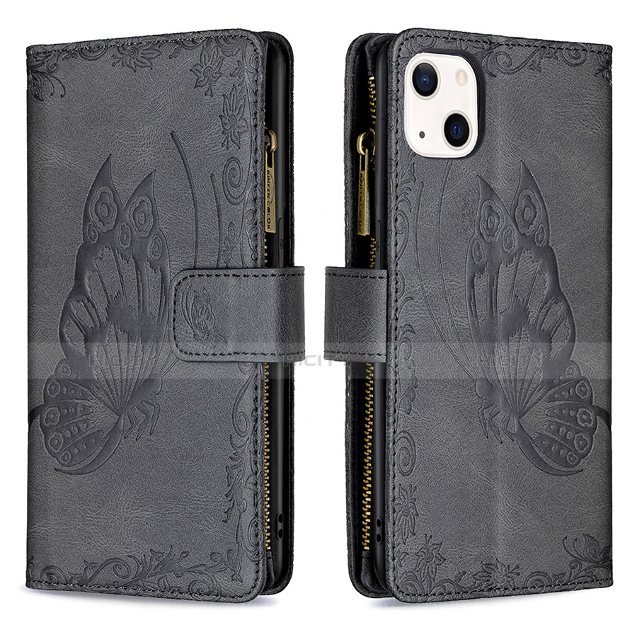 Funda de Cuero Cartera con Soporte Mariposa Carcasa L08 para Apple iPhone 13 Mini Negro