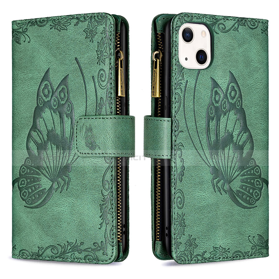 Funda de Cuero Cartera con Soporte Mariposa Carcasa L08 para Apple iPhone 13 Mini Verde