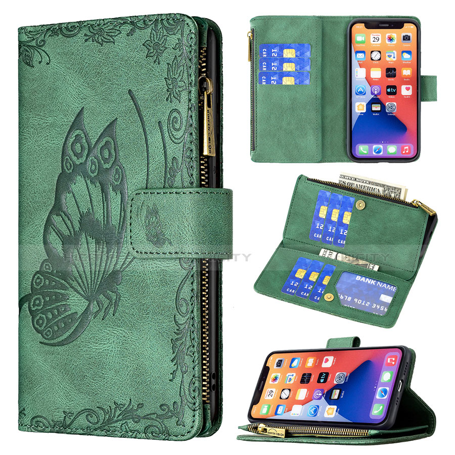 Funda de Cuero Cartera con Soporte Mariposa Carcasa L08 para Apple iPhone 13 Mini Verde