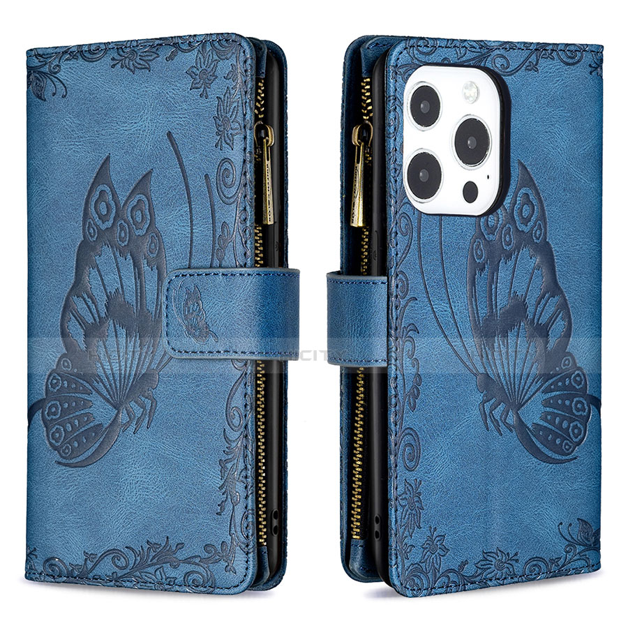 Funda de Cuero Cartera con Soporte Mariposa Carcasa L08 para Apple iPhone 13 Pro Azul