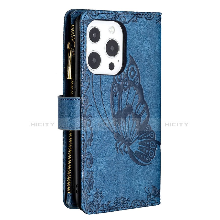 Funda de Cuero Cartera con Soporte Mariposa Carcasa L08 para Apple iPhone 13 Pro Azul