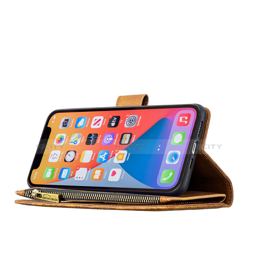 Funda de Cuero Cartera con Soporte Mariposa Carcasa L08 para Apple iPhone 13 Pro Max Marron