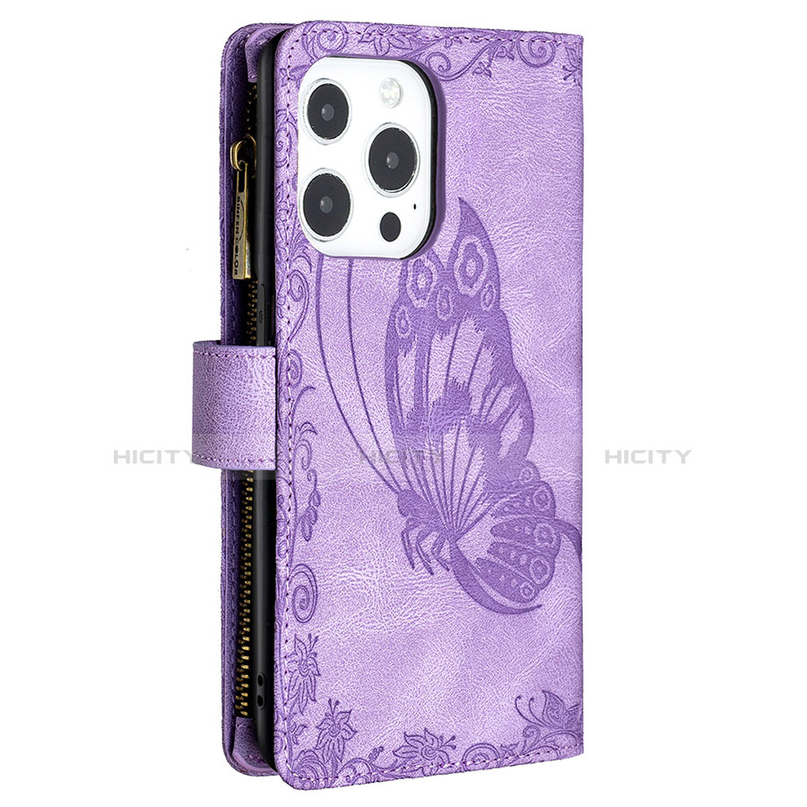 Funda de Cuero Cartera con Soporte Mariposa Carcasa L08 para Apple iPhone 13 Pro Max Morado