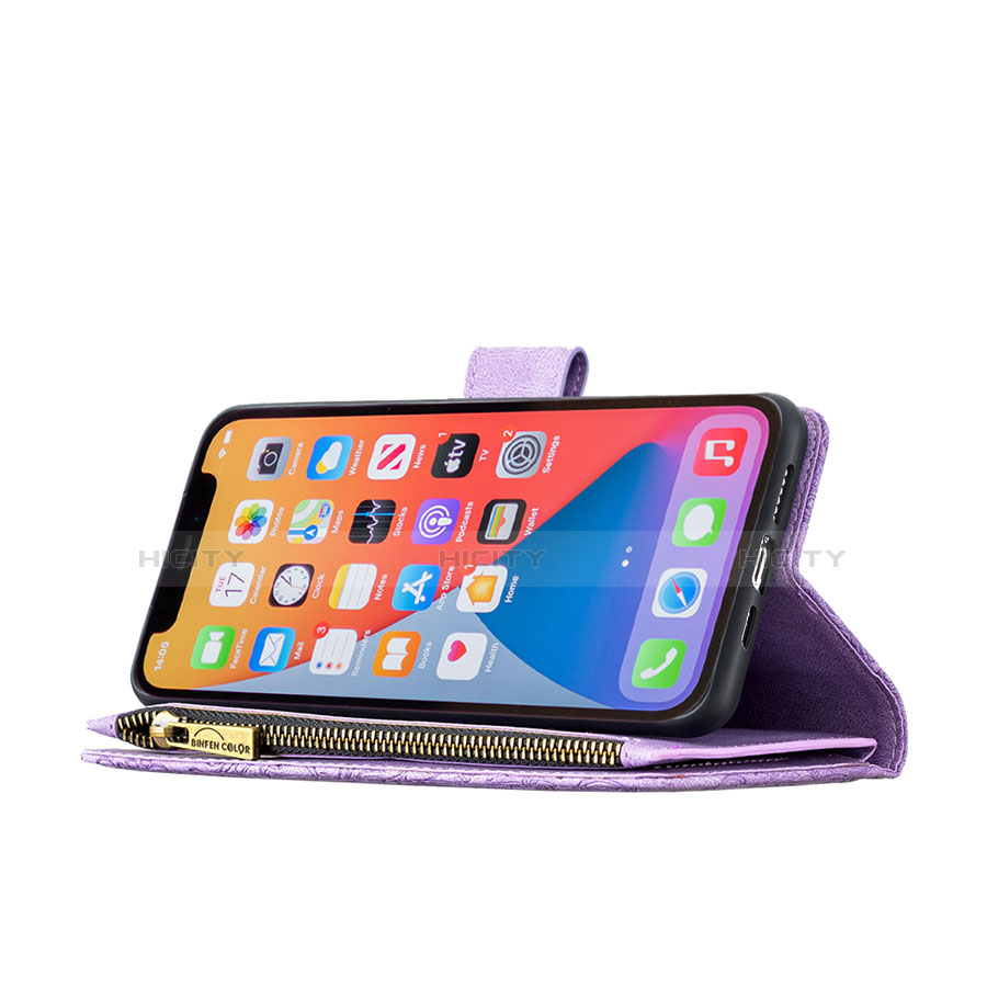 Funda de Cuero Cartera con Soporte Mariposa Carcasa L08 para Apple iPhone 13 Pro Max Morado