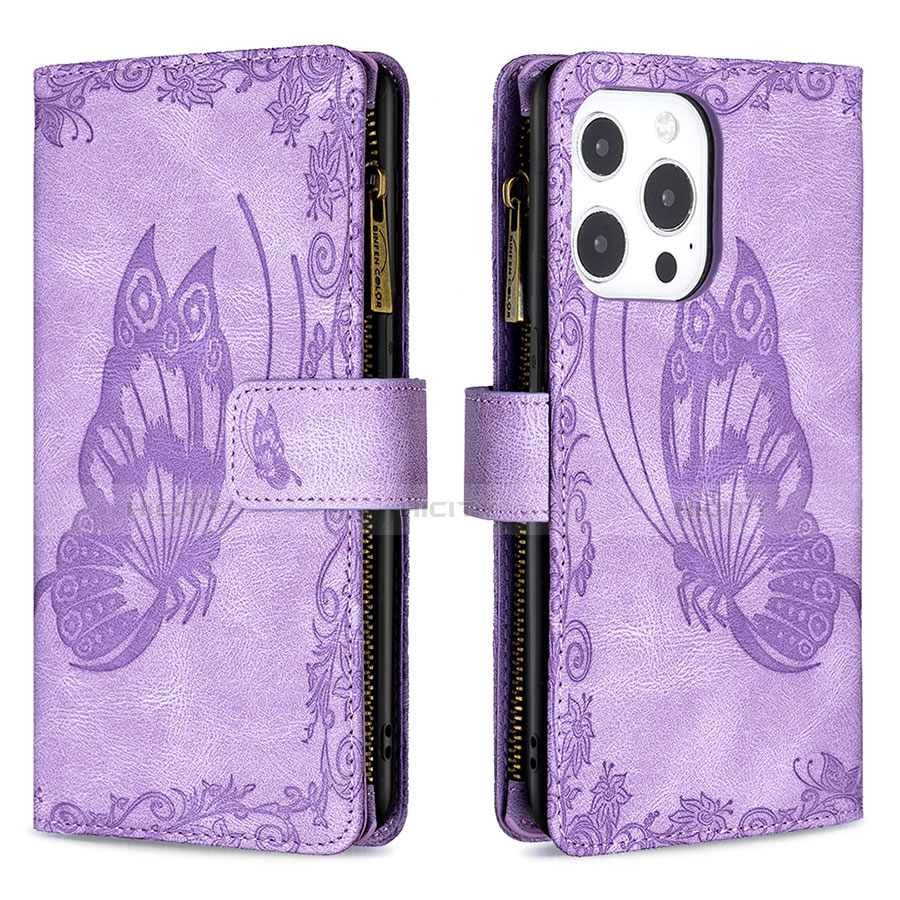 Funda de Cuero Cartera con Soporte Mariposa Carcasa L08 para Apple iPhone 13 Pro Morado