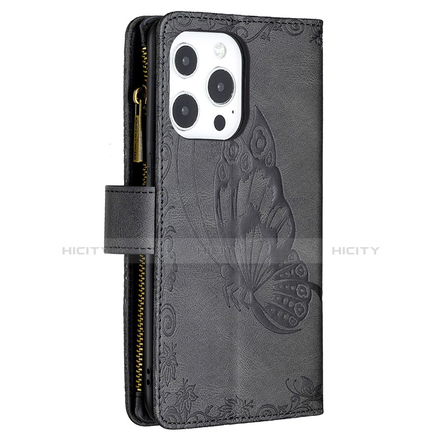 Funda de Cuero Cartera con Soporte Mariposa Carcasa L08 para Apple iPhone 13 Pro Negro