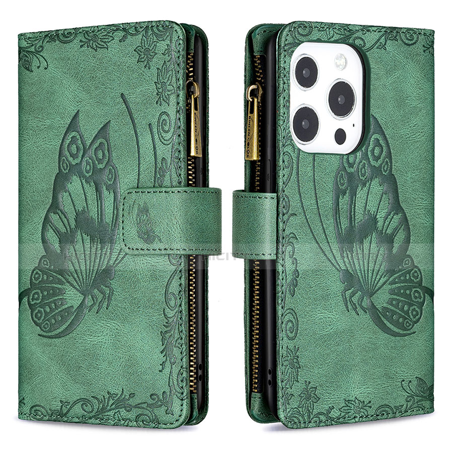 Funda de Cuero Cartera con Soporte Mariposa Carcasa L08 para Apple iPhone 13 Pro Verde