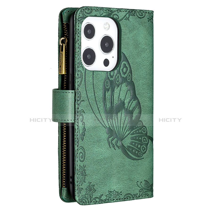 Funda de Cuero Cartera con Soporte Mariposa Carcasa L08 para Apple iPhone 13 Pro Verde