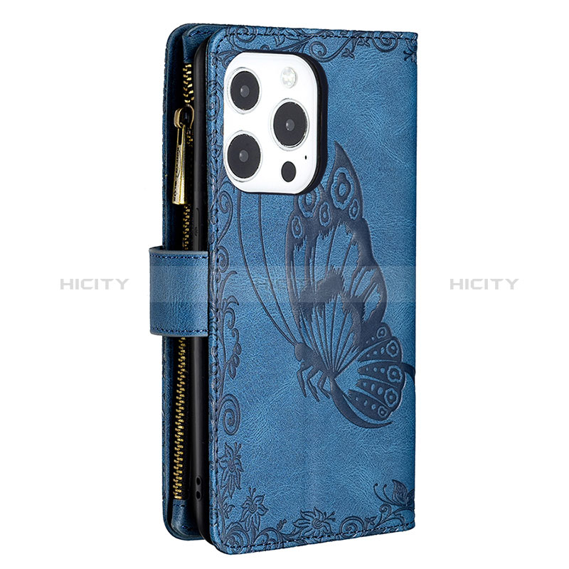 Funda de Cuero Cartera con Soporte Mariposa Carcasa L08 para Apple iPhone 14 Pro Max Azul