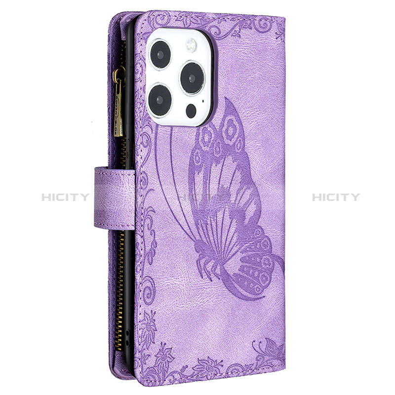 Funda de Cuero Cartera con Soporte Mariposa Carcasa L08 para Apple iPhone 14 Pro Max Morado