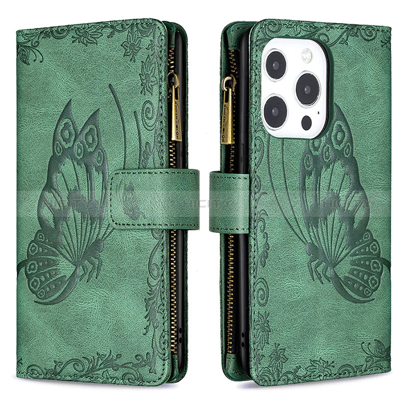 Funda de Cuero Cartera con Soporte Mariposa Carcasa L08 para Apple iPhone 14 Pro Max Verde