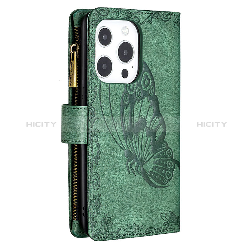 Funda de Cuero Cartera con Soporte Mariposa Carcasa L08 para Apple iPhone 14 Pro Max Verde