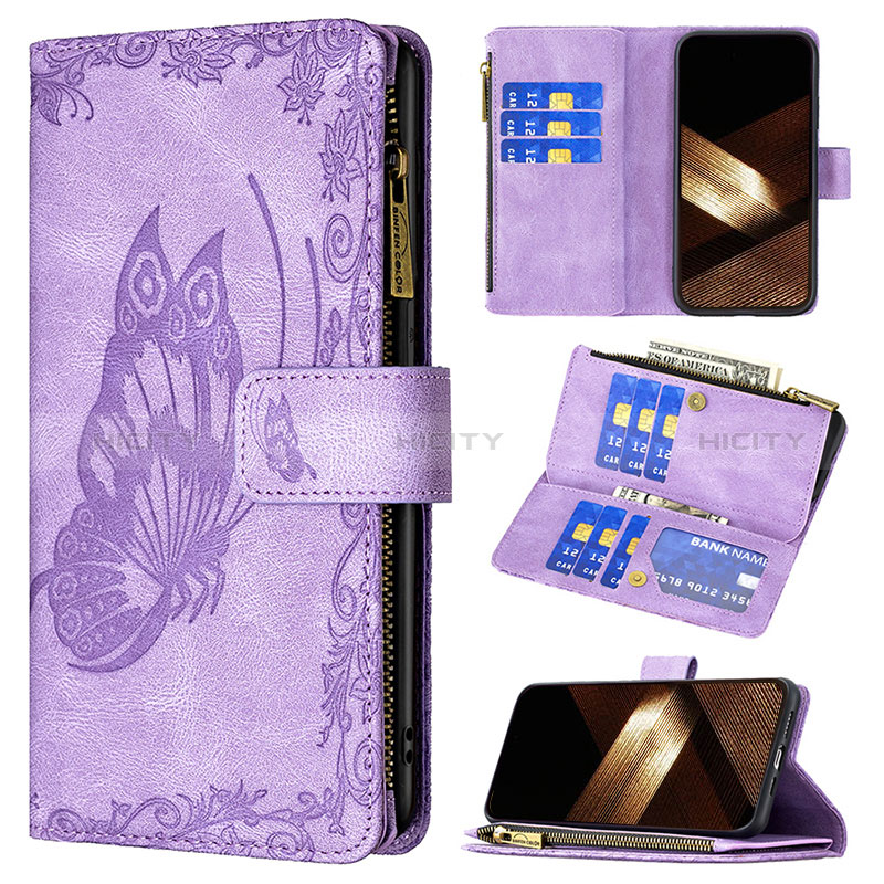 Funda de Cuero Cartera con Soporte Mariposa Carcasa L08 para Apple iPhone 14 Pro Morado