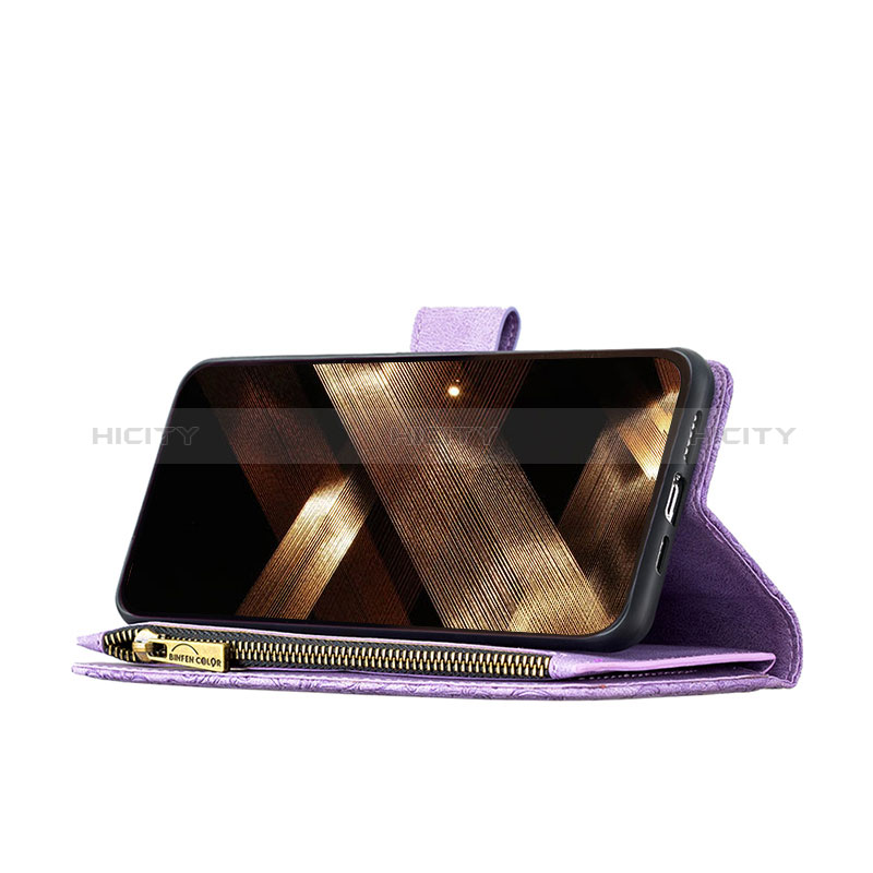 Funda de Cuero Cartera con Soporte Mariposa Carcasa L08 para Apple iPhone 14 Pro Morado