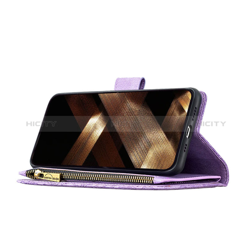 Funda de Cuero Cartera con Soporte Mariposa Carcasa L08 para Apple iPhone 15 Morado