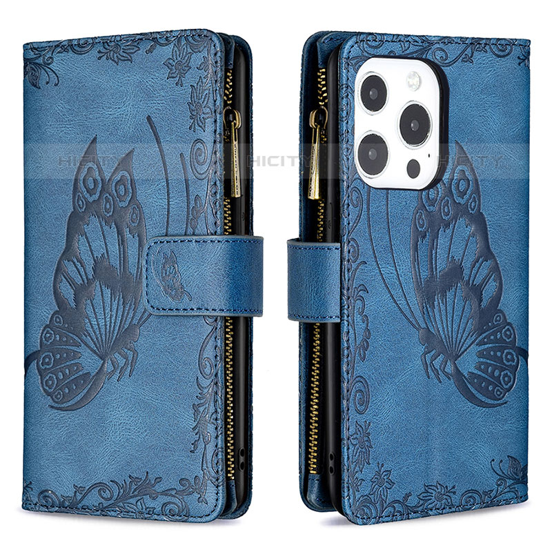 Funda de Cuero Cartera con Soporte Mariposa Carcasa L08 para Apple iPhone 15 Pro Azul