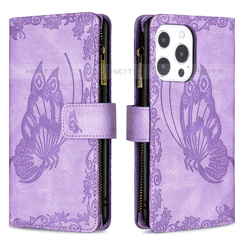 Funda de Cuero Cartera con Soporte Mariposa Carcasa L08 para Apple iPhone 15 Pro Morado