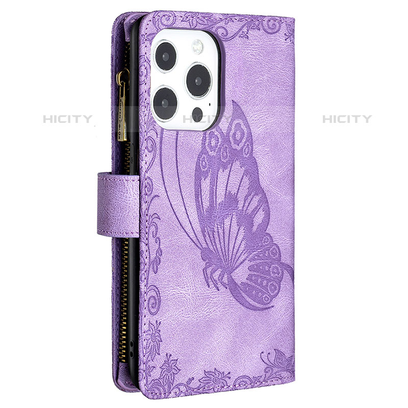 Funda de Cuero Cartera con Soporte Mariposa Carcasa L08 para Apple iPhone 15 Pro Morado