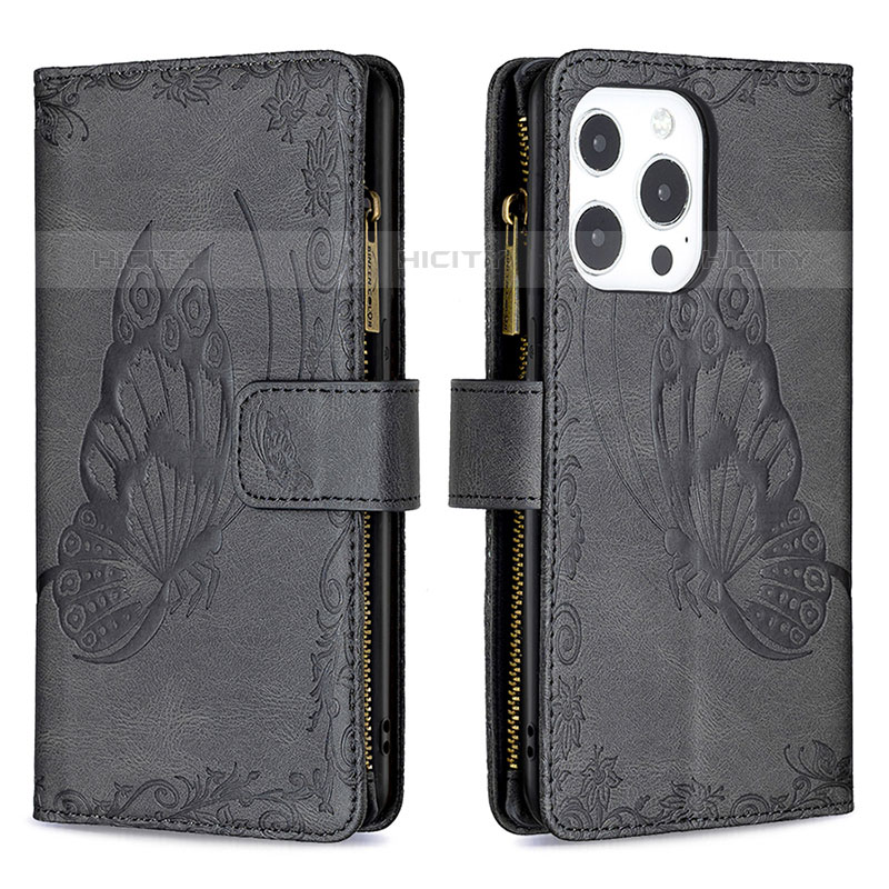 Funda de Cuero Cartera con Soporte Mariposa Carcasa L08 para Apple iPhone 15 Pro Negro