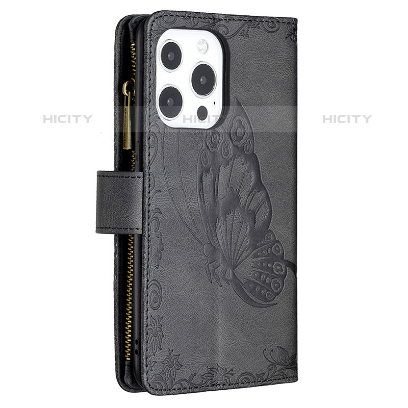 Funda de Cuero Cartera con Soporte Mariposa Carcasa L08 para Apple iPhone 15 Pro Negro