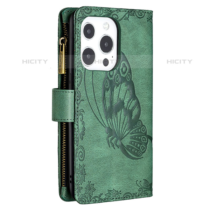 Funda de Cuero Cartera con Soporte Mariposa Carcasa L08 para Apple iPhone 15 Pro Verde