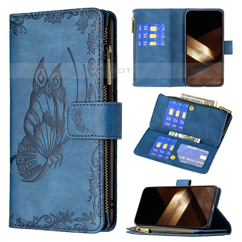 Funda de Cuero Cartera con Soporte Mariposa Carcasa L08 para Apple iPhone 16 Pro Azul