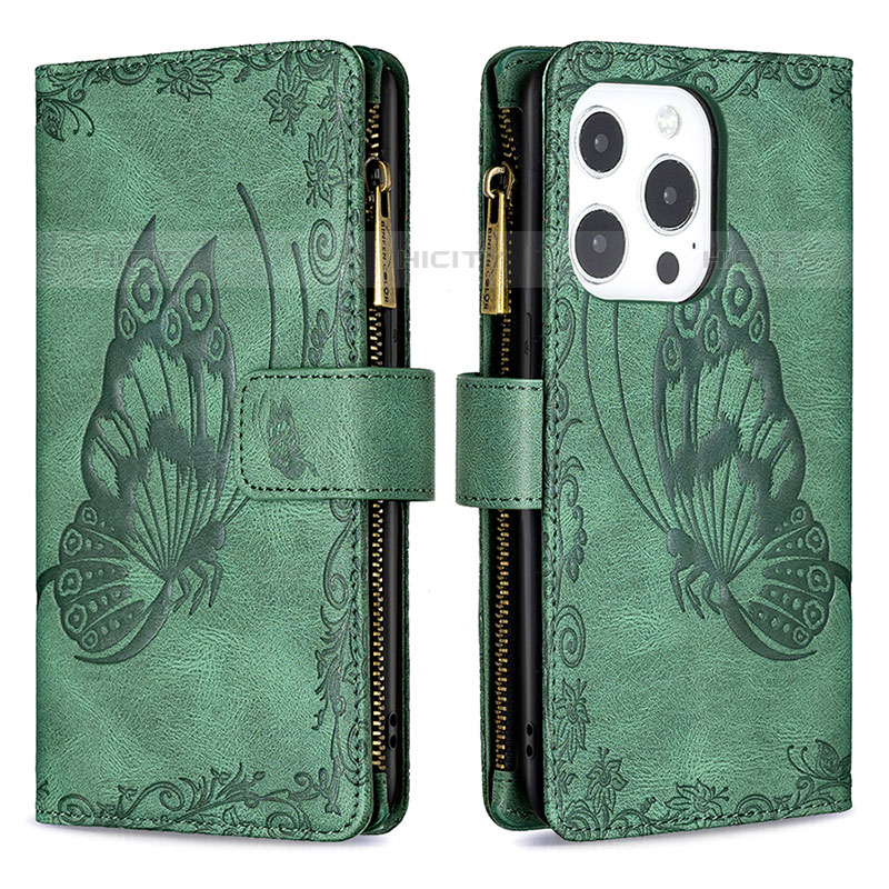 Funda de Cuero Cartera con Soporte Mariposa Carcasa L08 para Apple iPhone 16 Pro Max Verde