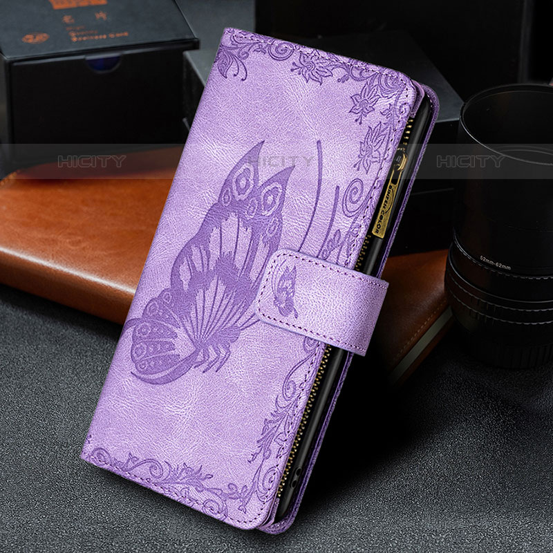 Funda de Cuero Cartera con Soporte Mariposa Carcasa L08 para Apple iPhone 16 Pro Morado