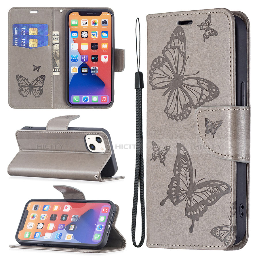 Funda de Cuero Cartera con Soporte Mariposa Carcasa L09 para Apple iPhone 13 Gris