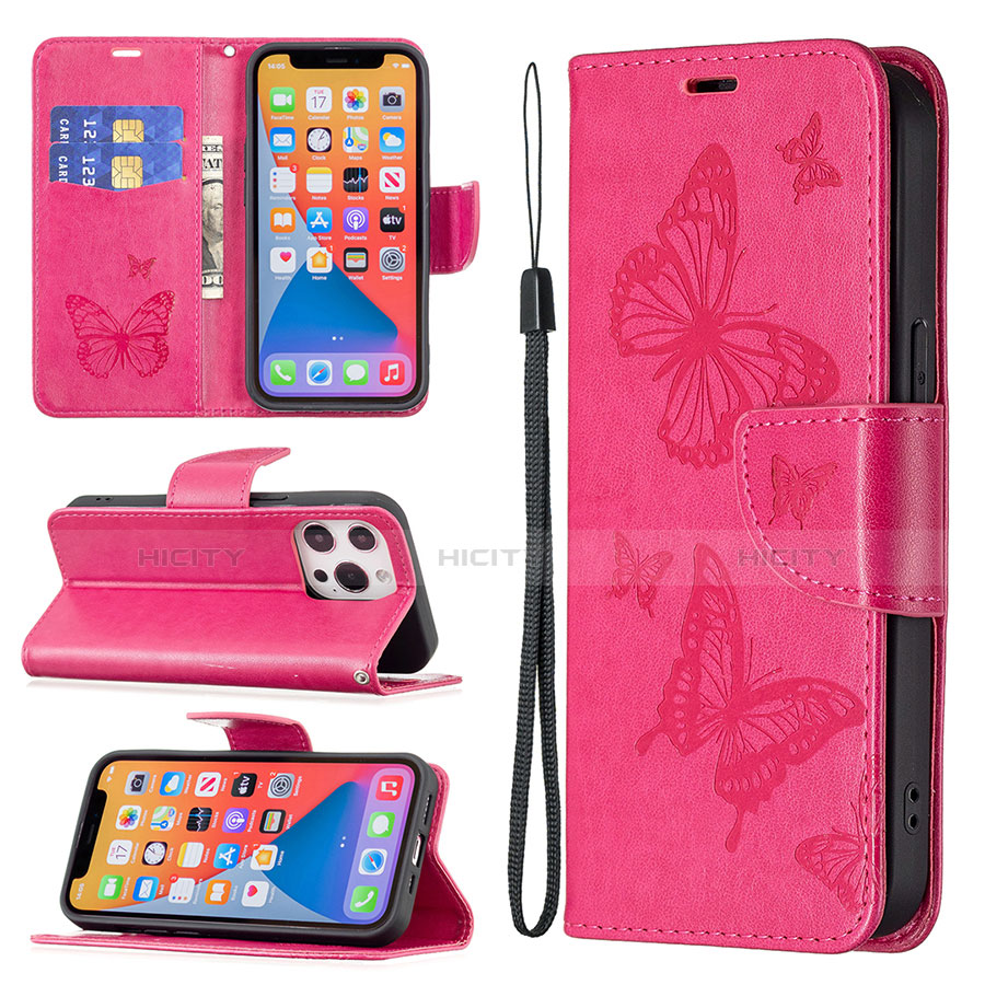 Funda de Cuero Cartera con Soporte Mariposa Carcasa L09 para Apple iPhone 13 Pro Rosa Roja